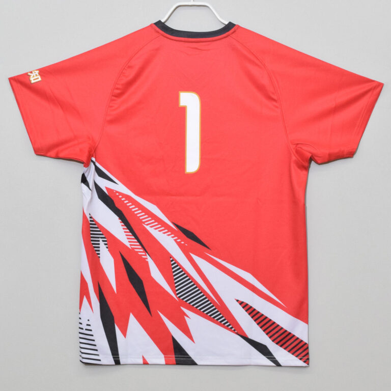 斜めに入った山のモチーフと情熱的なレッドが印象的なバレー